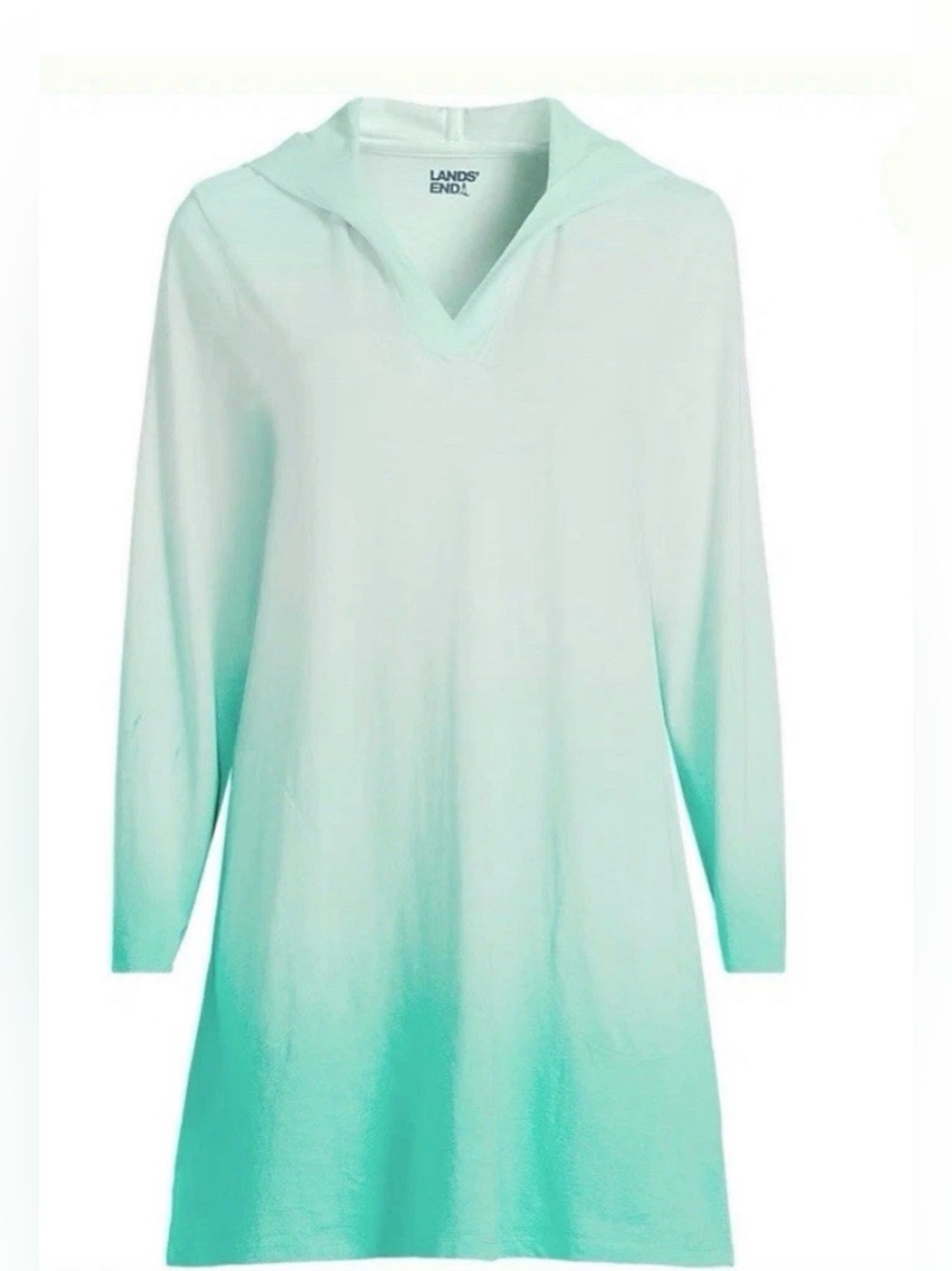 Womens Small Lands' End NEW Mint-to-Aqua Ombre Hooded Swim Cover-Up Dress pocket